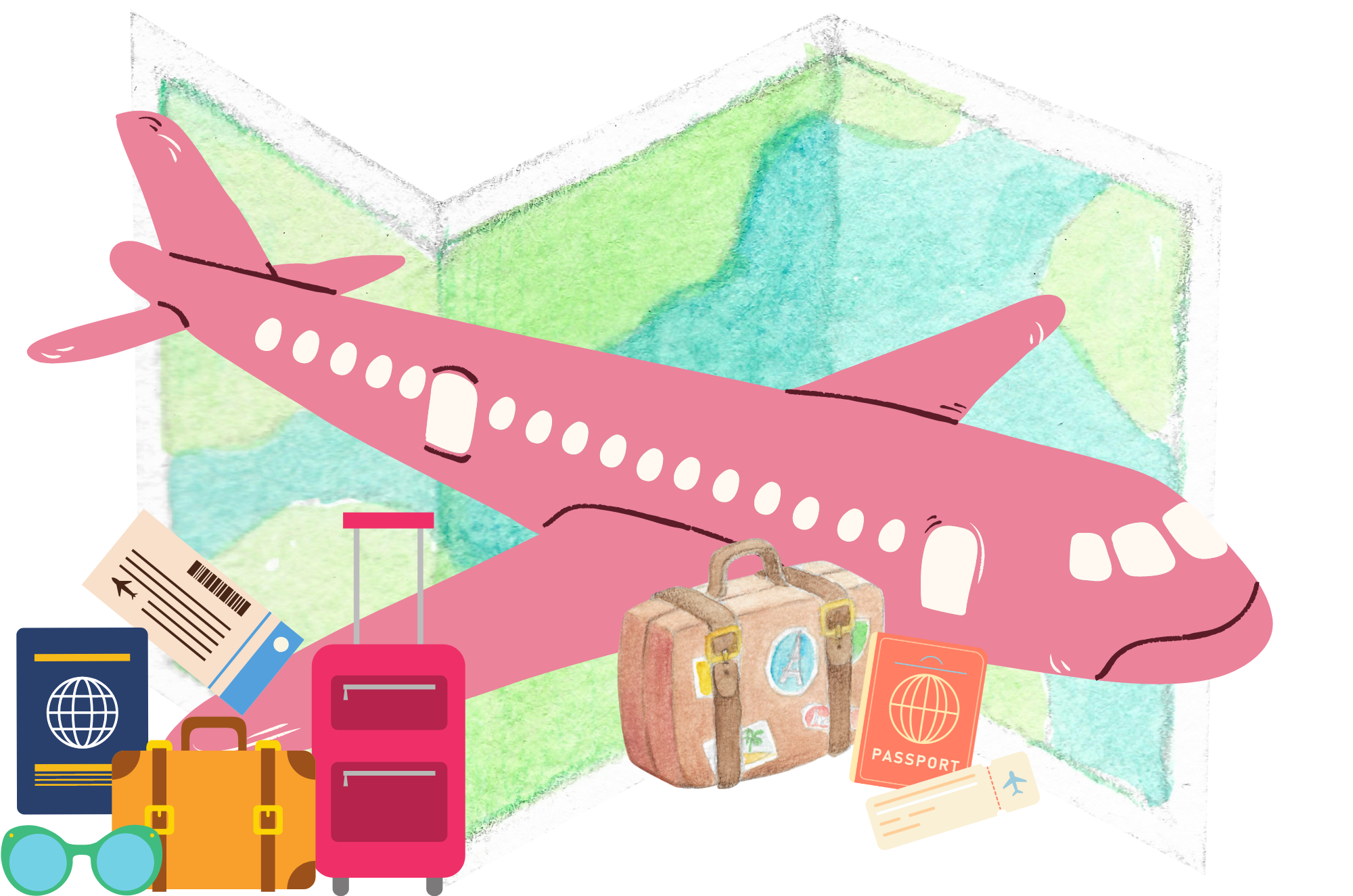 Image of an airplane and travel items for the Hacking Travel Anxiety article